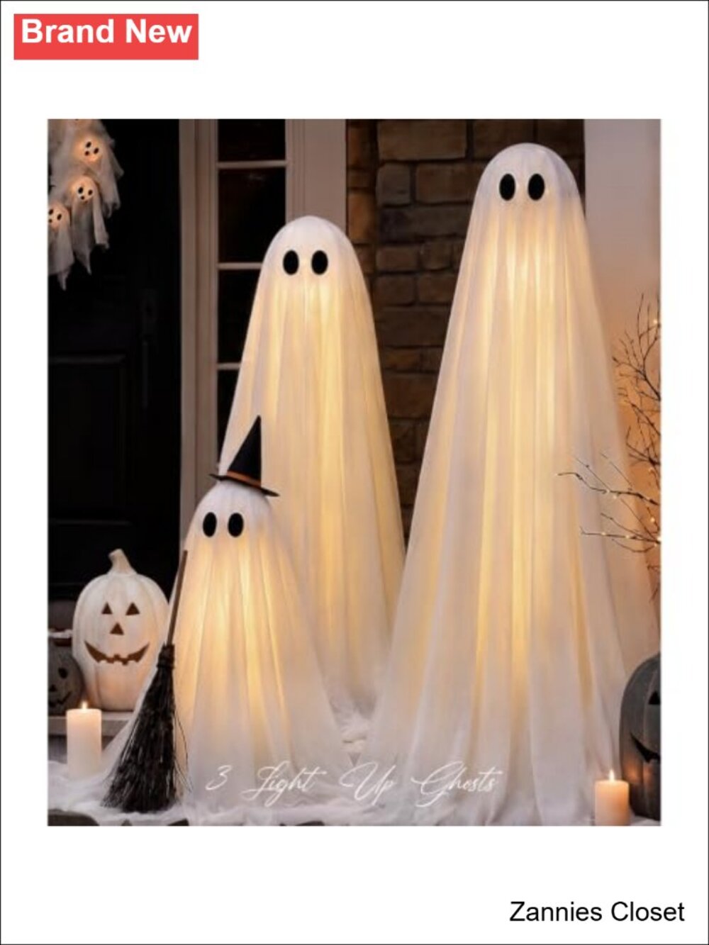 👻 Set of 3 Light Up Halloween Ghosts Timer Remote Outdoor Decor